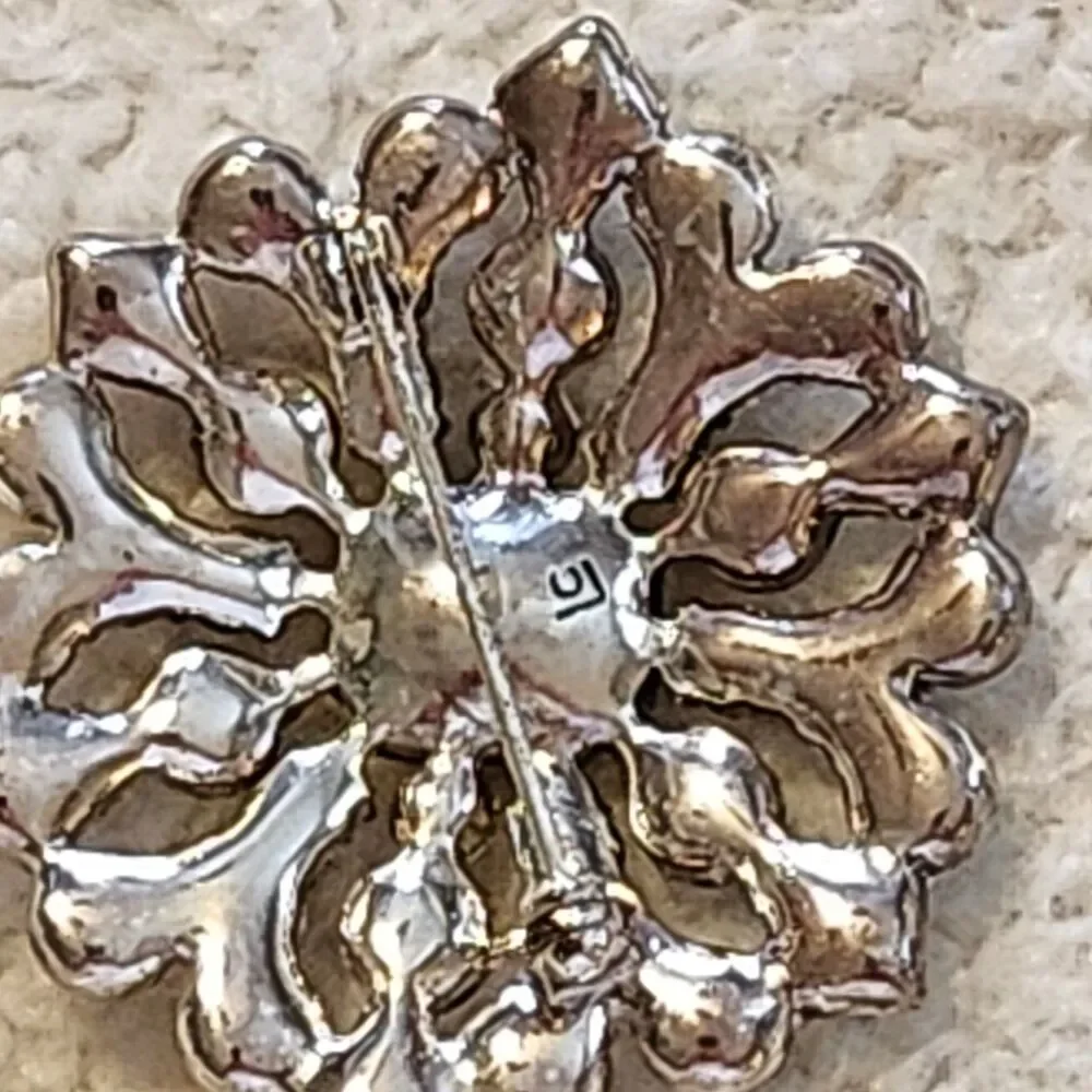Vintage Liz Claiborne Clear Rhinestone Silver Tone Flower Brooch Estate